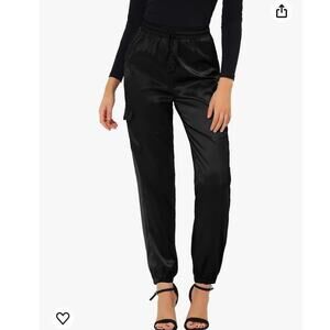 Allegra K Satin Joggers Womans L Drawstring High Waist Shiny Satin Cargo Pants
